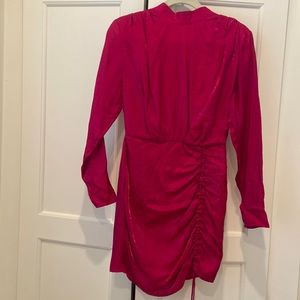 Pink Shimmery Finders Keepers dress from Revolve. Ruches on side.